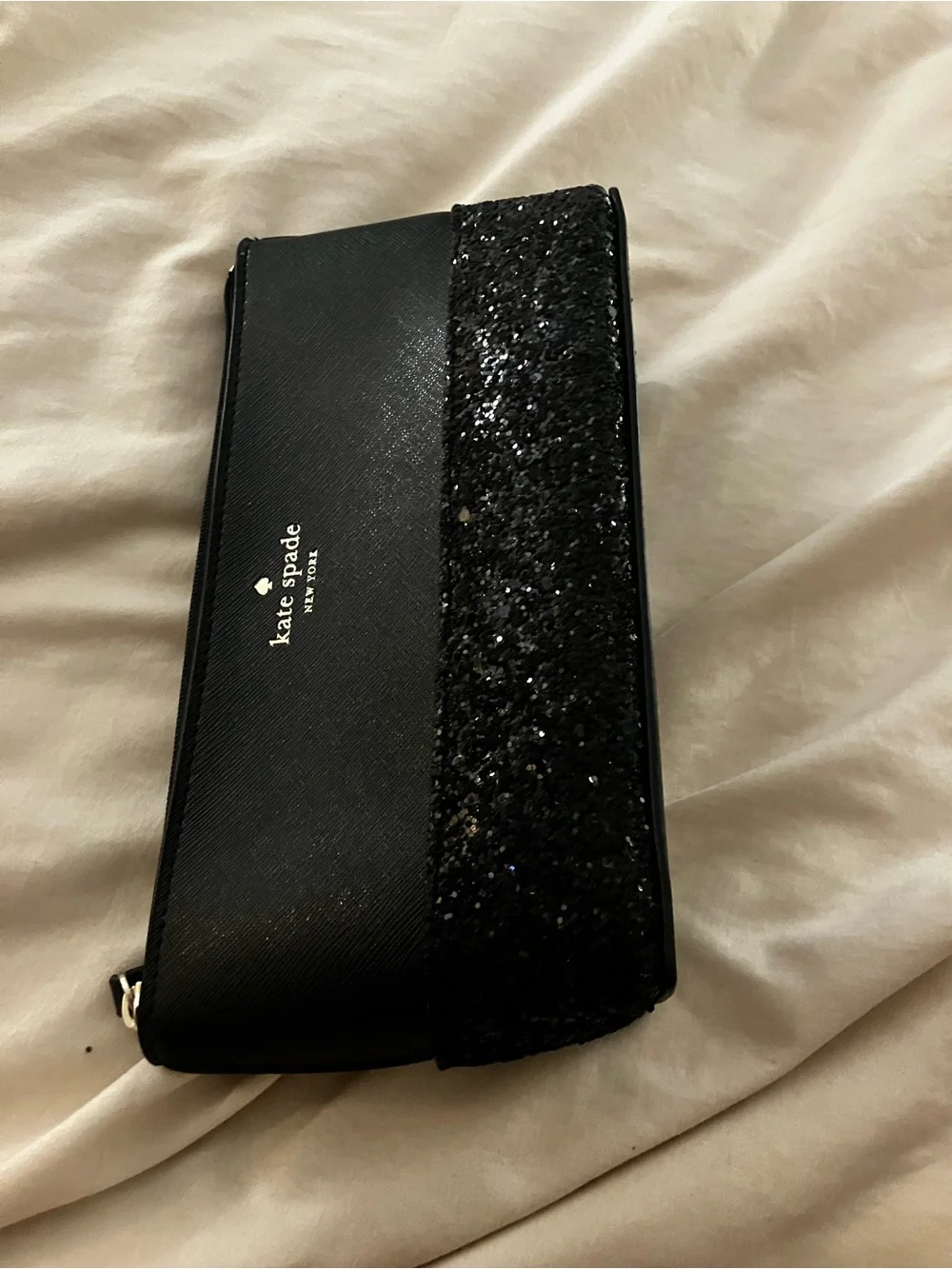 Kate Spade New York Black Saffiano Leather Glitter Makeup Bag Cosmetic Pouch Zip